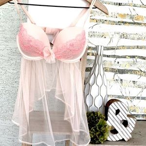 NWOT Victoria’s Secret  baby doll pink Lingerie sheer lace nylon  Size 34D